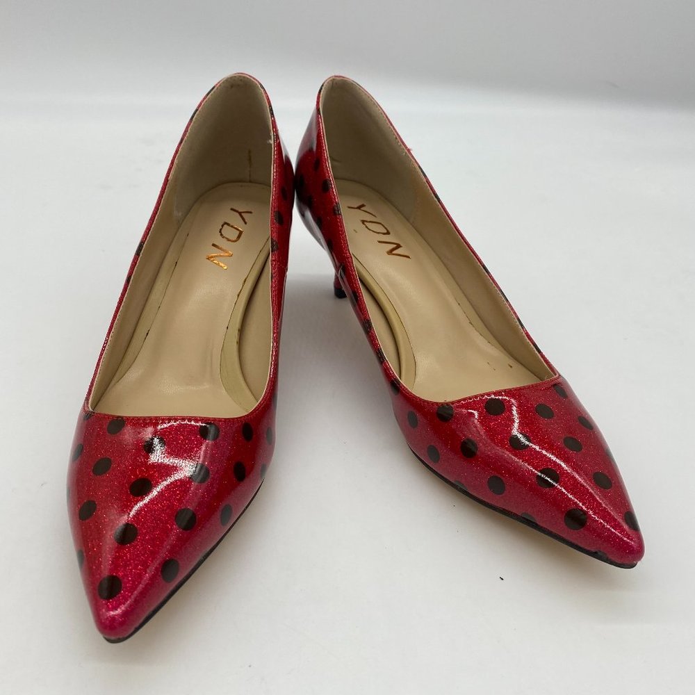 YDN Red Polka Dot Kitten Heel Pointed Toe Pump